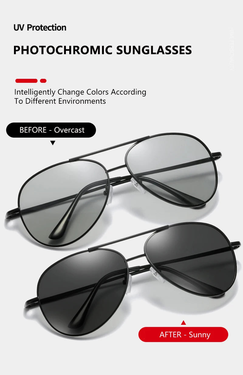 Classic Pilot Photochromic Sunglasses Men Women Fashion Chameleon Polarized Sun Glasses Male Driving Change Color Night Vision
