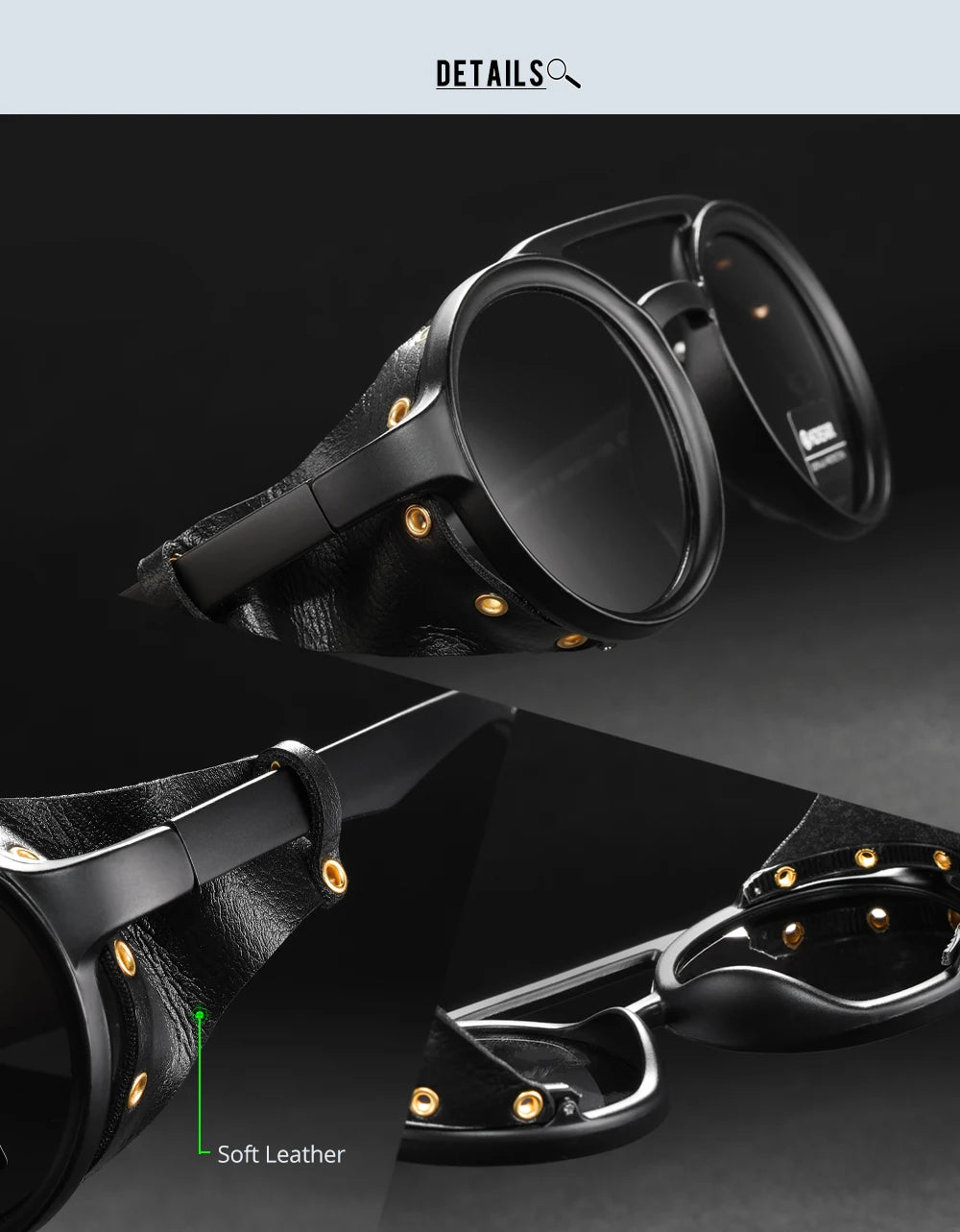 KDEAM Vintage Round Sunglasses Men Women Leather Shield Sun Glasses  Twin Bridge Designed Shade KD179