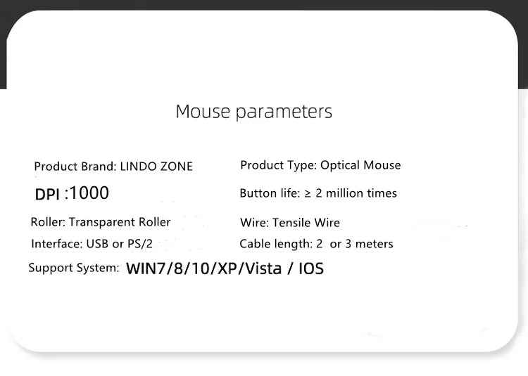 LINDO ZONE stolni računalni žičani miš USB PS/2 s ultra dugim kabelom 2M/3M, 200CM/300CM, produljeni žičani miš za prijenosno računalo