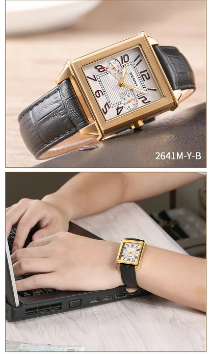 BERNY 6P25 Quartz Watch for Men Golden New Square Wristwatch Vintage Day Top Leather 3ATM Waterproof Luxury Watch Male
