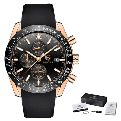 Relógios de luxo para homem BENYAR – Relógios de pulso de quartzo com bracelete em pele, resistentes à água até 30 m, estilo desportivo.