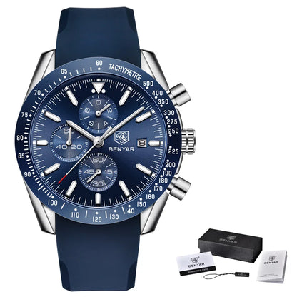 Relógios de luxo para homem BENYAR – Relógios de pulso de quartzo com bracelete em pele, resistentes à água até 30 m, estilo desportivo.
