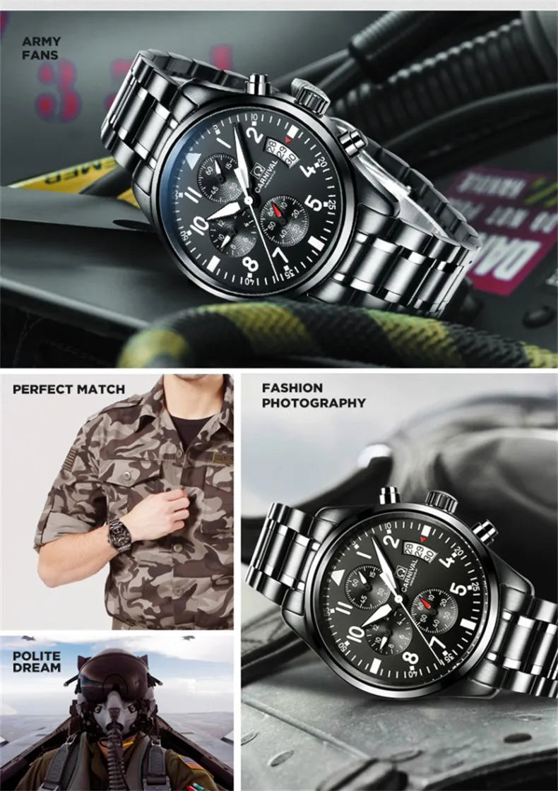 Chronograph luminous military running sport full steel men stop watch genuine leather strap luxury brand watches sapphire reloj