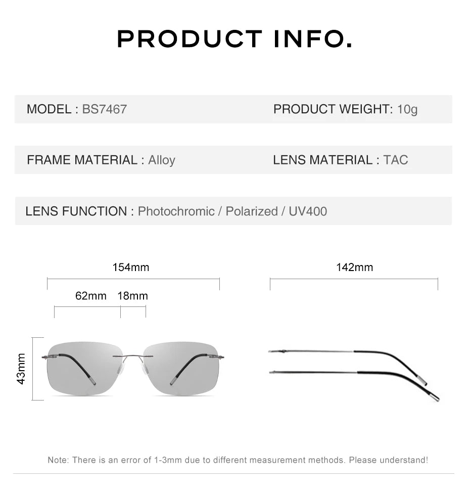 CAPONI Square Sun Glasses For Men Photochromic Polarized Rimless Sunglasses Classic Design High Quality Eyewear UV400 BS7467