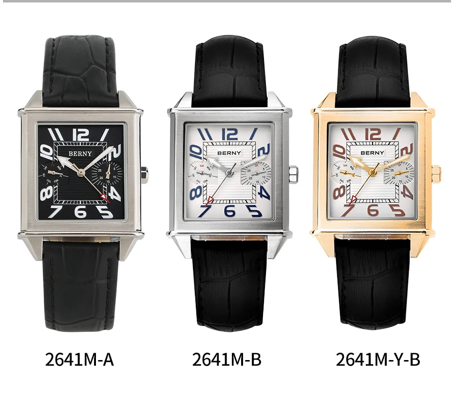 BERNY 6P25 Quartz Watch for Men Golden New Square Wristwatch Vintage Day Top Leather 3ATM Waterproof Luxury Watch Male
