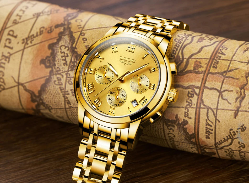 Montre pour homme LIGE – Chronographe de luxe, style sport décontracté, étanche, entièrement en acier, mouvement à quartz
