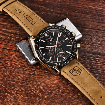 Relógios de luxo para homem BENYAR – Relógios de pulso de quartzo com bracelete em pele, resistentes à água até 30 m, estilo desportivo.