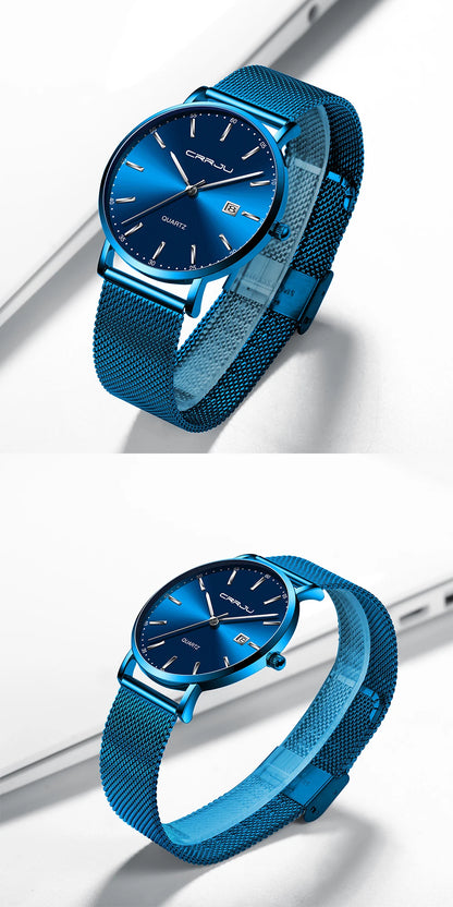 reloj hombre CRRJU Top Brand Luxury Blue Waterproof Watches Slim Stylish Date Casual Quartz Watch Men Sports Mesh Strap Clock