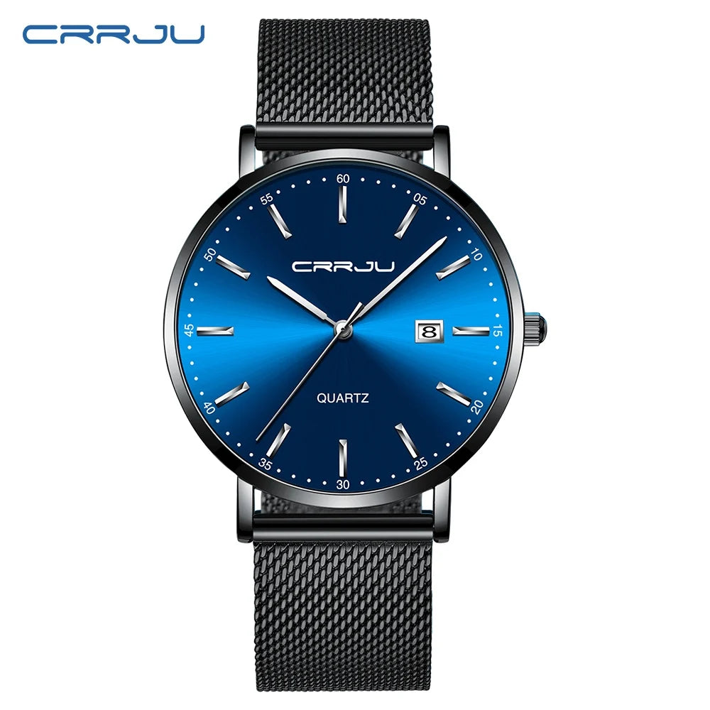 reloj hombre CRRJU Top Brand Luxury Blue Waterproof Watches Slim Stylish Date Casual Quartz Watch Men Sports Mesh Strap Clock