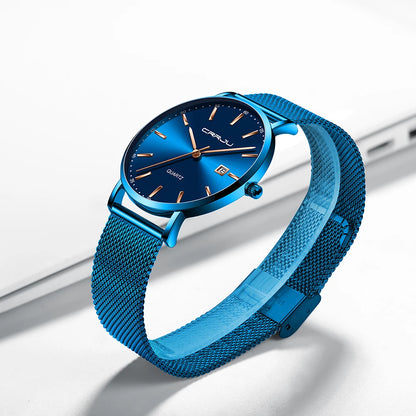 reloj hombre CRRJU Top Brand Luxury Blue Waterproof Watches Slim Stylish Date Casual Quartz Watch Men Sports Mesh Strap Clock