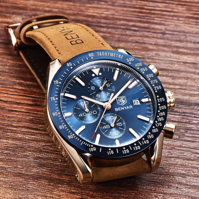 Relógios de luxo para homem BENYAR – Relógios de pulso de quartzo com bracelete em pele, resistentes à água até 30 m, estilo desportivo.