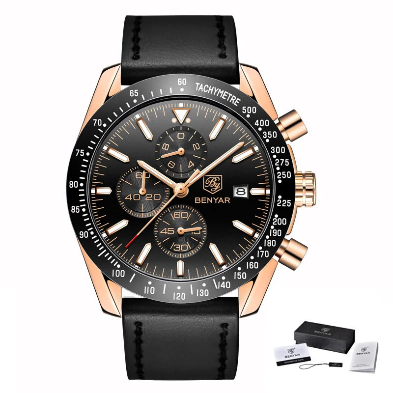 Relógios de luxo para homem BENYAR – Relógios de pulso de quartzo com bracelete em pele, resistentes à água até 30 m, estilo desportivo.