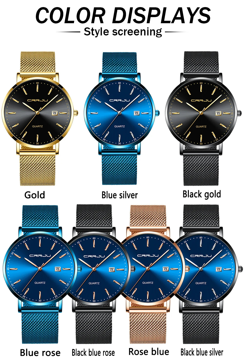 reloj hombre CRRJU Top Brand Luxury Blue Waterproof Watches Slim Stylish Date Casual Quartz Watch Men Sports Mesh Strap Clock