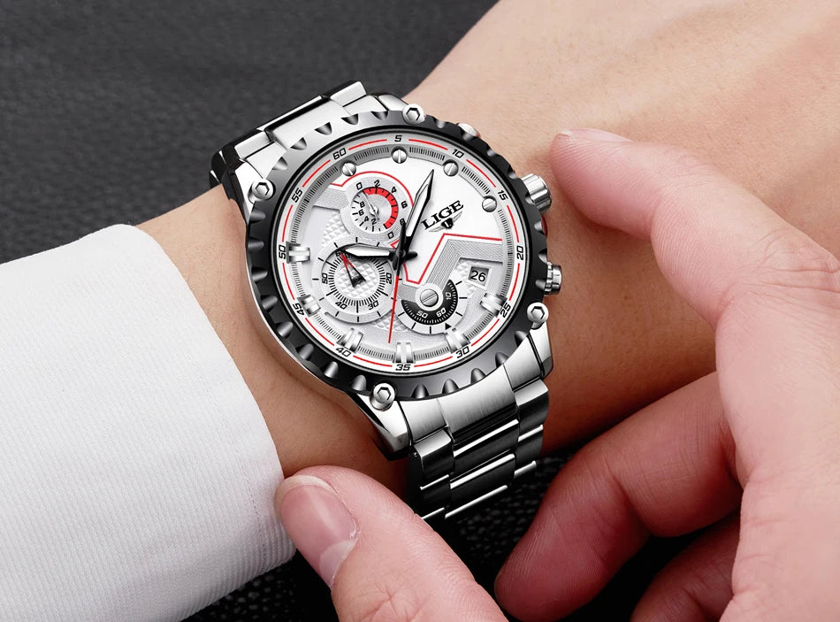 Montre pour homme LIGE – Montre à quartz tendance, marque de luxe, tout en acier, style professionnel, étanche et sportive – Livrée avec boîte