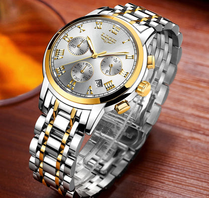 Montre pour homme LIGE – Chronographe de luxe, style sport décontracté, étanche, entièrement en acier, mouvement à quartz