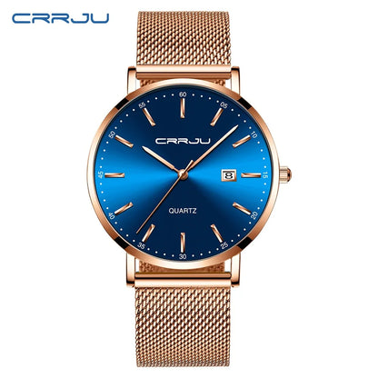 reloj hombre CRRJU Top Brand Luxury Blue Waterproof Watches Slim Stylish Date Casual Quartz Watch Men Sports Mesh Strap Clock