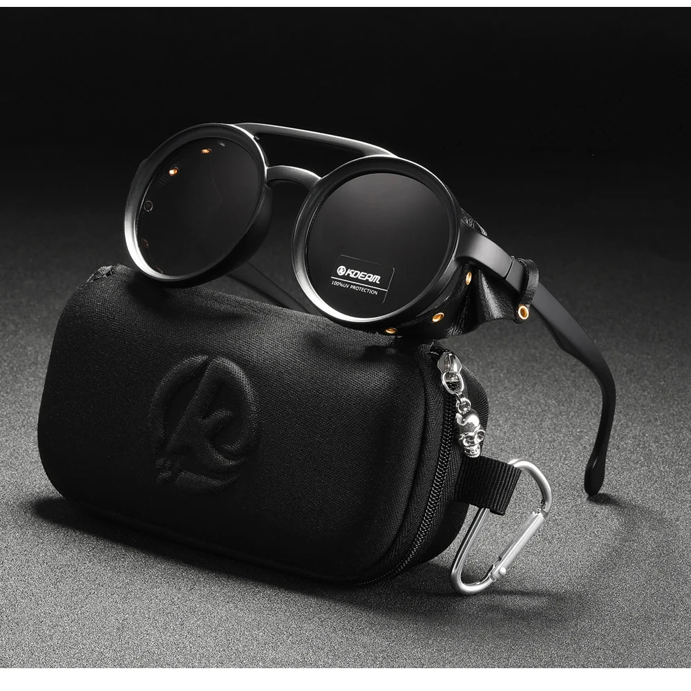 KDEAM Vintage Round Sunglasses Men Women Leather Shield Sun Glasses  Twin Bridge Designed Shade KD179