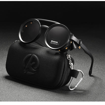 KDEAM Vintage Round Sunglasses Men Women Leather Shield Sun Glasses  Twin Bridge Designed Shade KD179