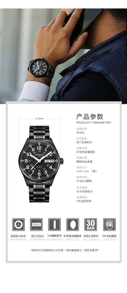 Switzerland Carnival Quartz Watch men 316 Stainless Steel Waterproof Calendar Luminous Military men Watches Reloj Hombre Montre