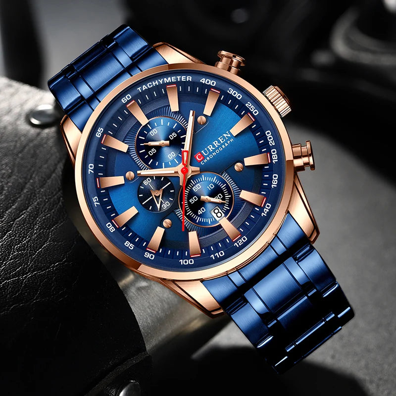 Curren Men's Watch Top Luxury Brand Big Dial Blue Quartz Men Watches Chronograph Sport Wristwatch Man Stainless Steel Date Clock