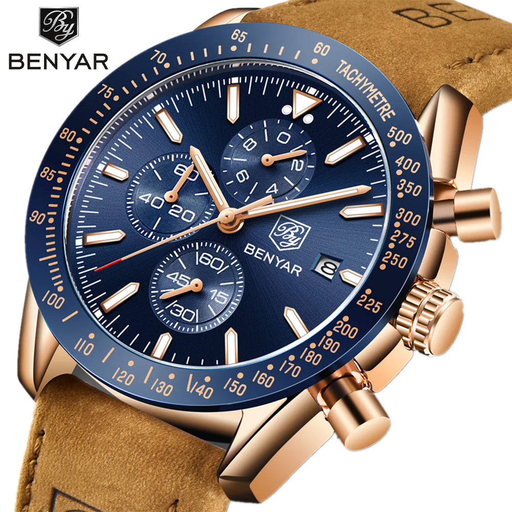 Relógios de luxo para homem BENYAR – Relógios de pulso de quartzo com bracelete em pele, resistentes à água até 30 m, estilo desportivo.