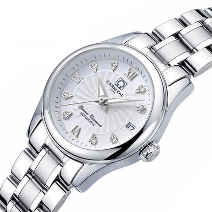Montre-bracelet mécanique pour femme de la marque CARNIVAL – Modèle élégant, mouvement automatique, verre saphir, étanche.
