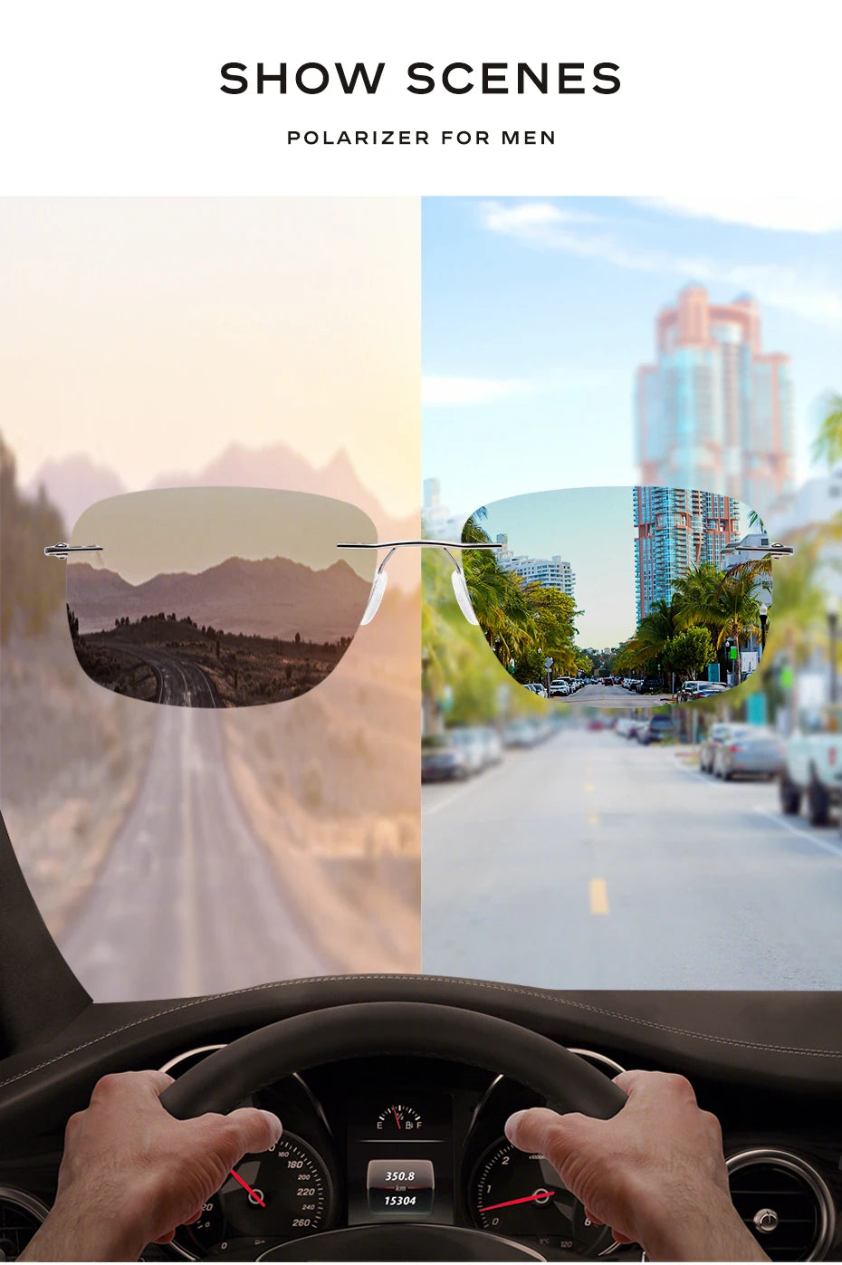 CAPONI Square Sun Glasses For Men Photochromic Polarized Rimless Sunglasses Classic Design High Quality Eyewear UV400 BS7467