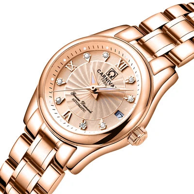 Montre-bracelet mécanique pour femme de la marque CARNIVAL – Modèle élégant, mouvement automatique, verre saphir, étanche.