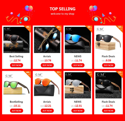 GM Natural Bamboo Wooden Sunglasses Handmade Polarized Glasses Mirror Coating Lenses Eyewear With Gift Box