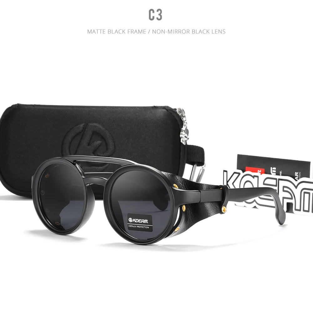KDEAM Vintage Round Sunglasses Men Women Leather Shield Sun Glasses  Twin Bridge Designed Shade KD179
