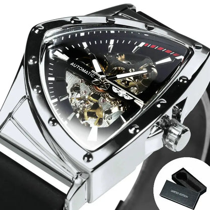 Relógio automático para homem WINNER, design esqueleto triangular, ponteiros luminescentes, bracelete em borracha, estilo militar, relógio mecânico de luxo