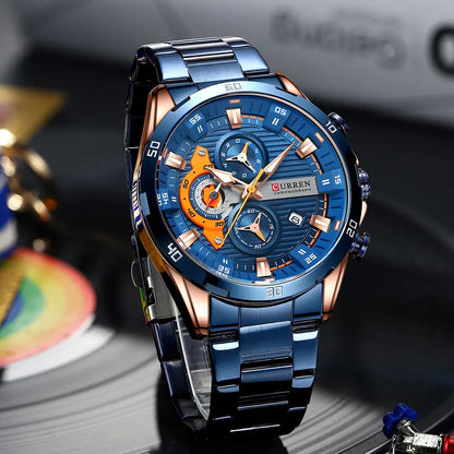 Herrenuhr CURREN – Sportlicher Luxus-Chronograph, Quarzwerk, komplett aus Edelstahl, wasserdicht