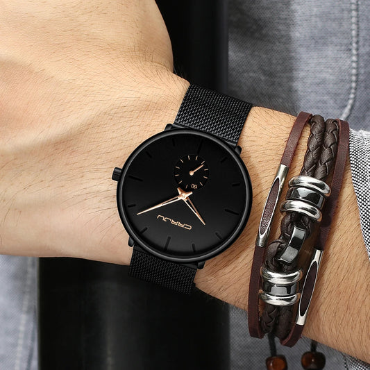 Relógio para homem CRRJU – Relógio de quartzo de luxo, estilo descontraído, fino, com bracelete em malha de aço, estanque e desportivo.