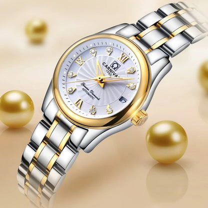 Montre-bracelet mécanique pour femme de la marque CARNIVAL – Modèle élégant, mouvement automatique, verre saphir, étanche.