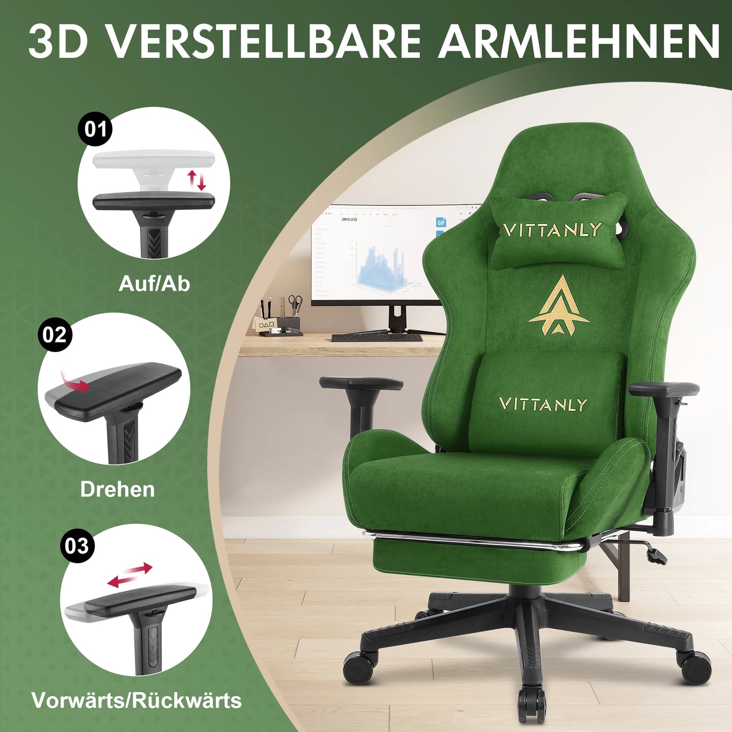 HAPIHAPPY Fashion Gaming Chair Genuine Computer Office Chair with Pocket Spring Cushion Linkage Armrests and Footrest Game Chair