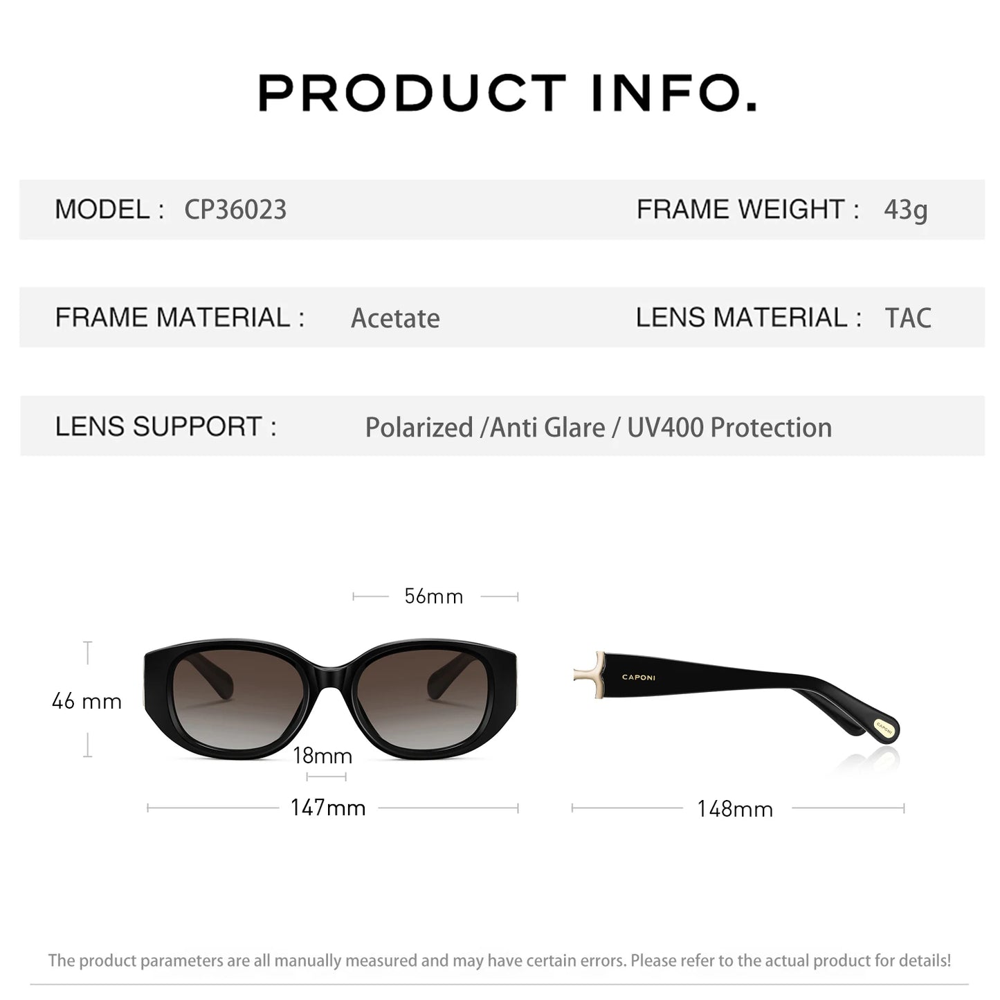 CAPONI New Polarized Women Sunglasses Fshion Luxury Acetate Outdoor Original Design Eyewear UV400 Protection Brown Shade CP36023
