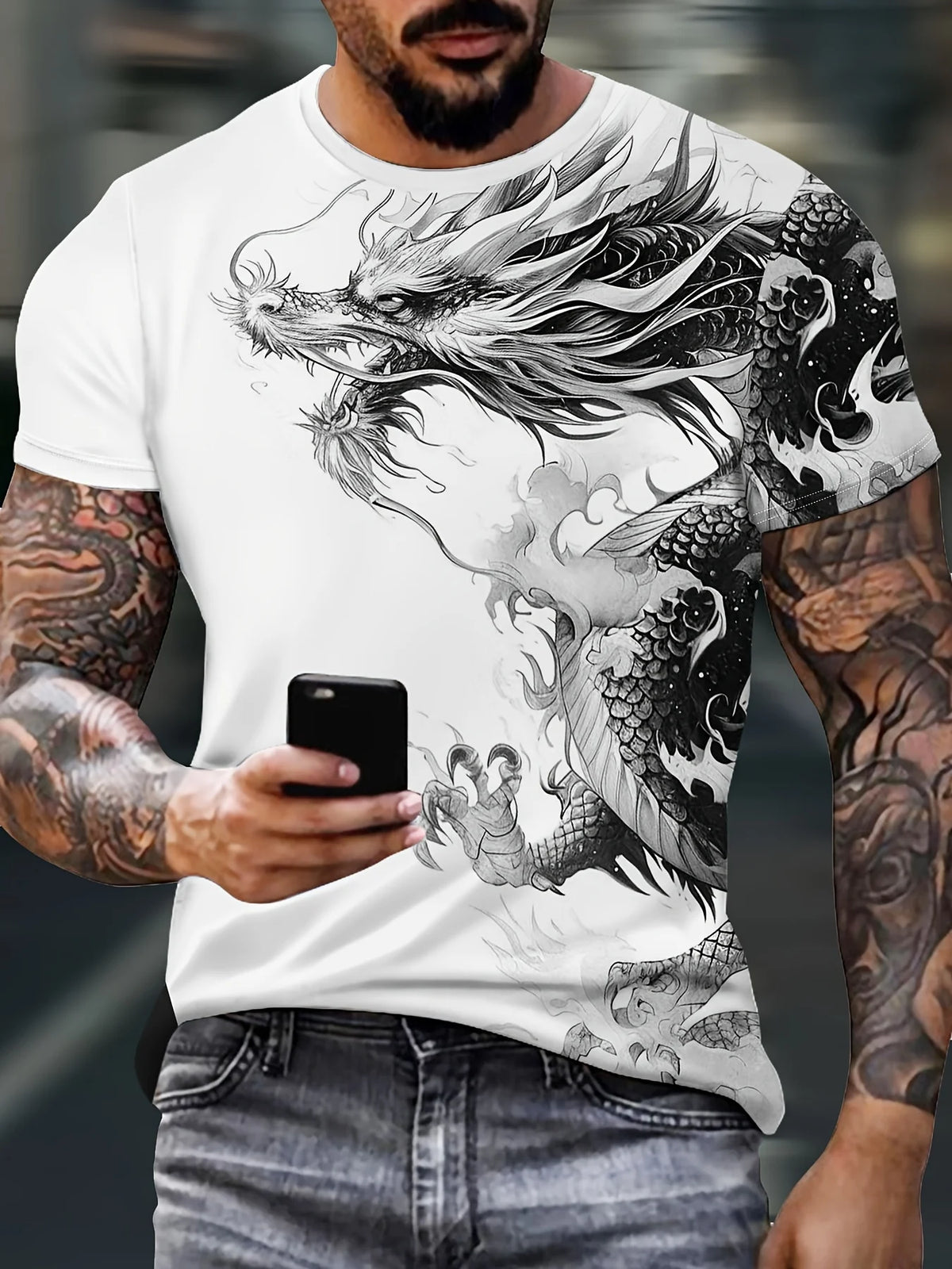 Heren-T-shirt met drakenprint, casual, ademende stof, T-shirt met opdruk, streetstyle, outdoormode, shirt met korte mouwen, heren-T-shirts