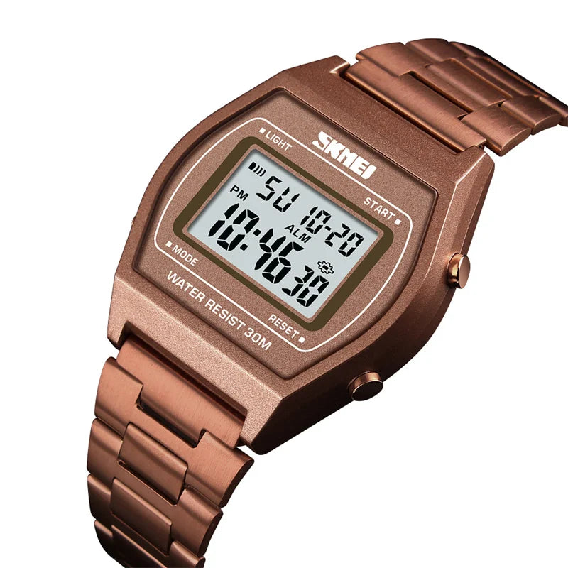 Skmei Unisex Digital Sport's Watches Stainless Steel Strap Led Waterproof 12/24 Hour Format Electronic Alarm Clock