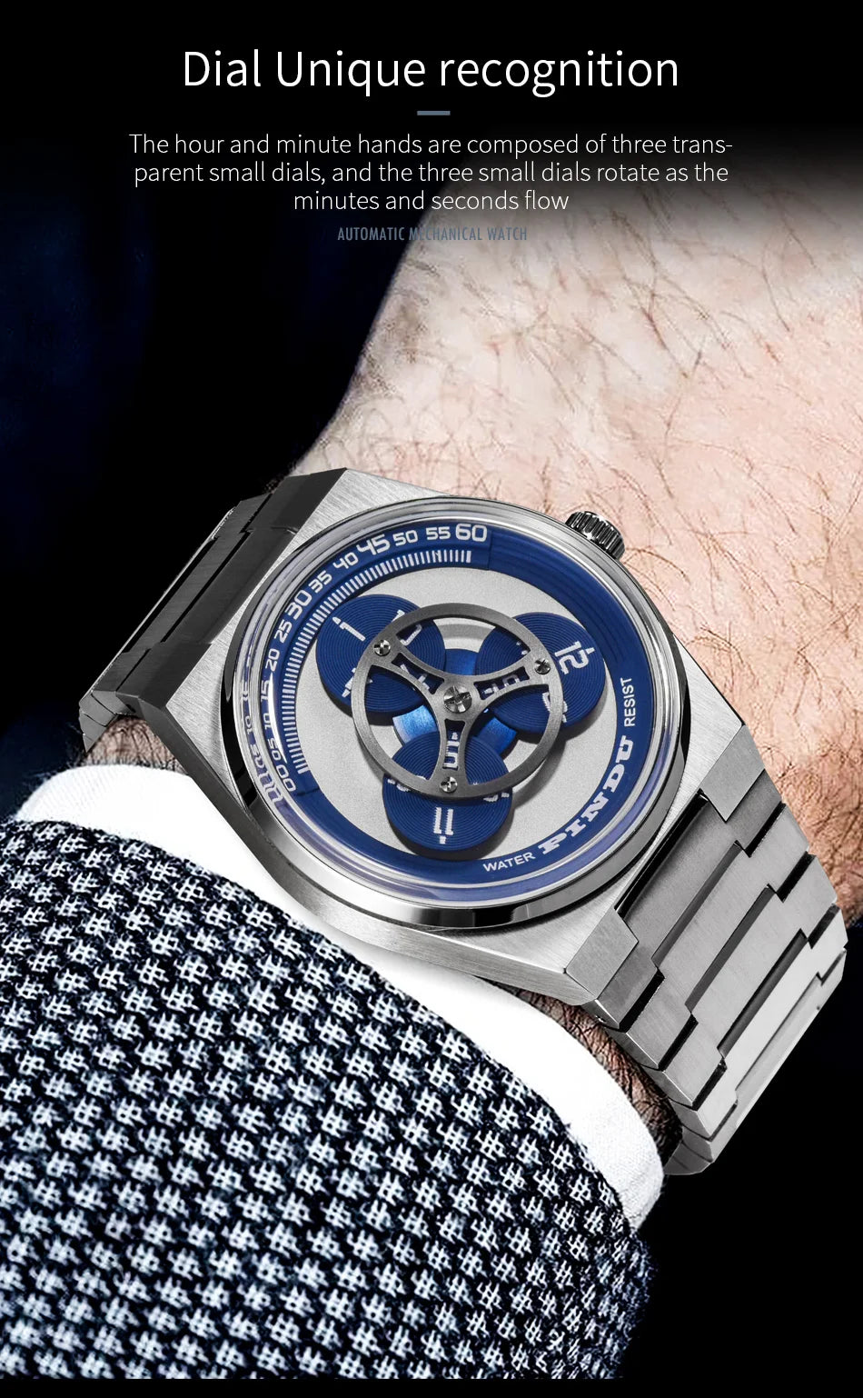 PINDU Turntable Creative Watch Miyota 8215 With Pointerless Design Trendy Steel Business Mechanical Watches Luminous Waterproof