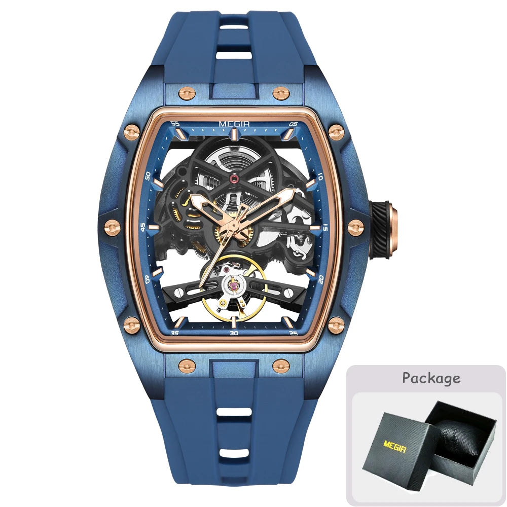 MEGIR mechanisch herenhorloge, tonvormig, opengewerkte skeletwijzerplaat, sportieve stijl, siliconen band, luxe automatisch horloge