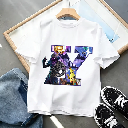 Tricou Fortnite cu imprimeu alfabet A-Z, de vară, pentru copii, alb, îmbrăcăminte cu joc cartoon popular, tricou fashion casual cu mânecă scurtă, cadou