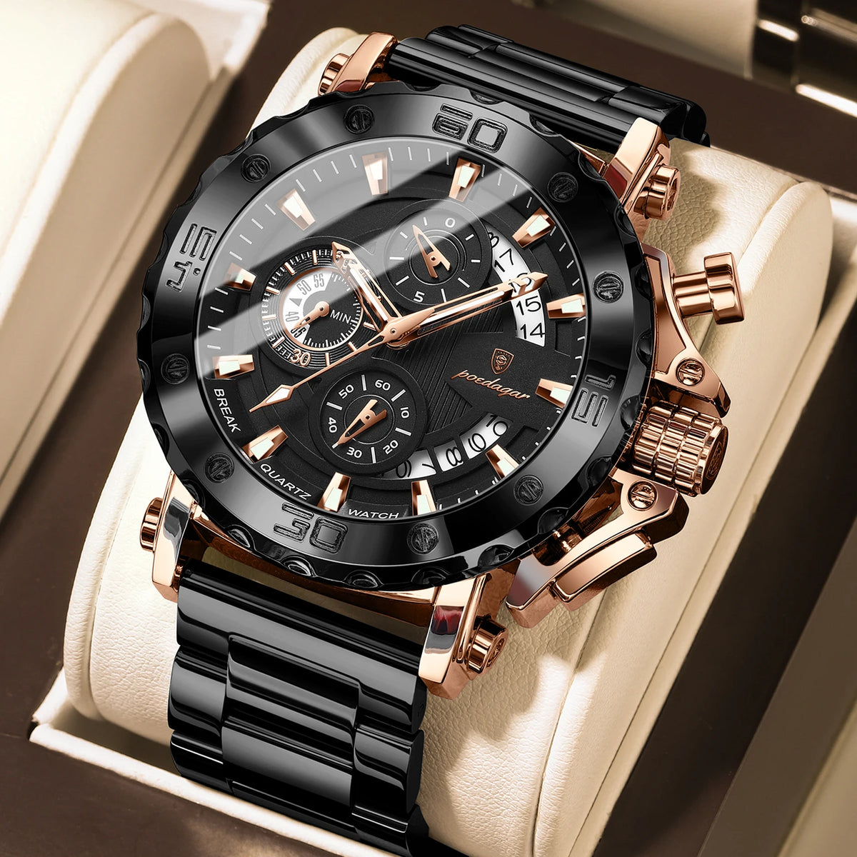 Relógio de luxo para homem POEDAGAR, luminoso, estanque, cronógrafo, data, aço inoxidável, quartzo, Reloj