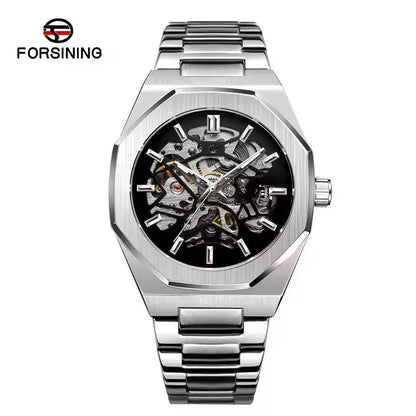 FORSINING 344D Top Brand Luxury Skeleton Automatic Mechanical Men's Watch Hollow Design Luminous Stainless Steel Strap Clock Men