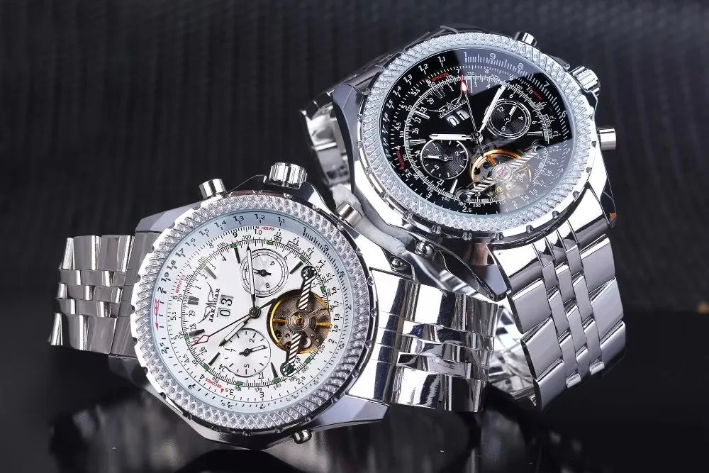 Relógio mecânico automático retro de luxo JARAGAR 034, turbilhão, esqueleto oco, aço inoxidável, calendário semanal, relógio para homem