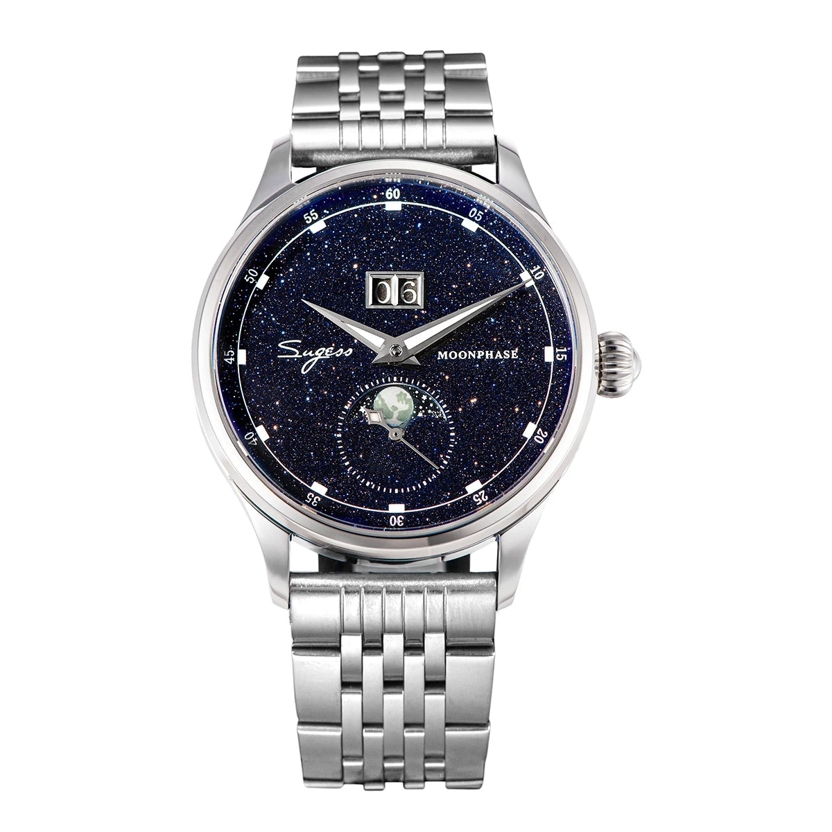 Sugess Moonphase Watch of Men 40mm Automatic Mechanical Wristwatches Seagul ST2528 Movement Stainless Steel Blue Sandstone Dial