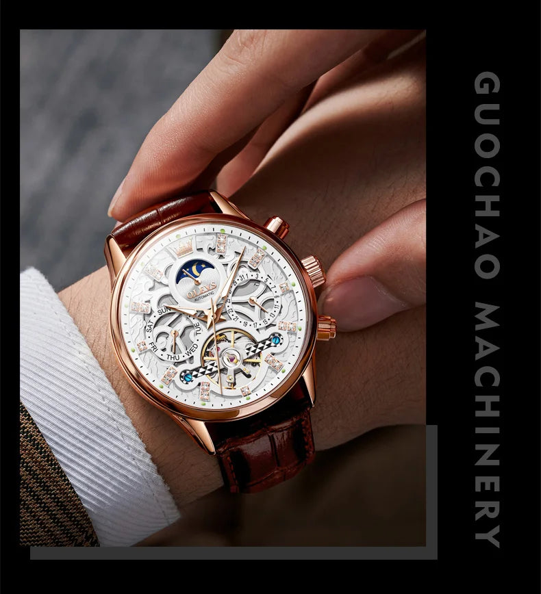 OLEVS 6658 Automatic Mechanical Watch for Man Leather Strap Waterproof Moon Phase Business Dress Men's Watches