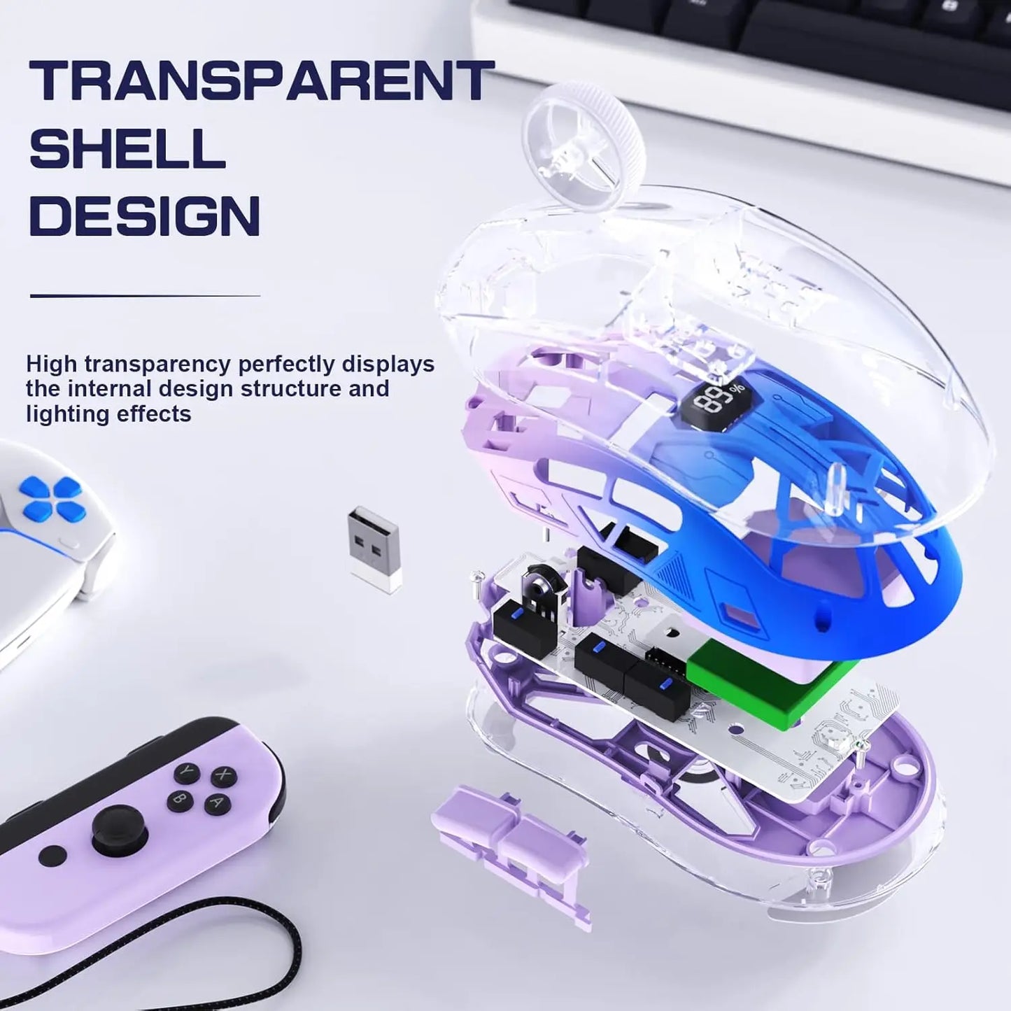 A2 transparent trådløs gamingmus, BT 5.0/2.4G genopladelig RGB-mus til PC med digital skærm, PixArt 3212, 5 justerbare DPI