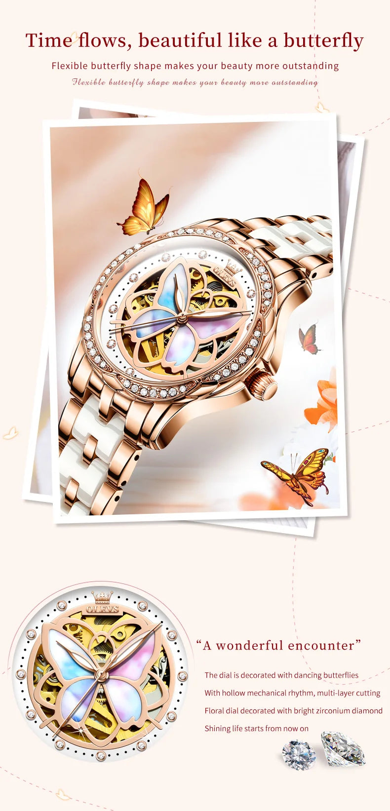 OLEVS 6615 Top Original Automatic Mechanical Wrist Watch for Women Luxury Elegant Diamond Hollow Colorful Butterfly Ladies Watch