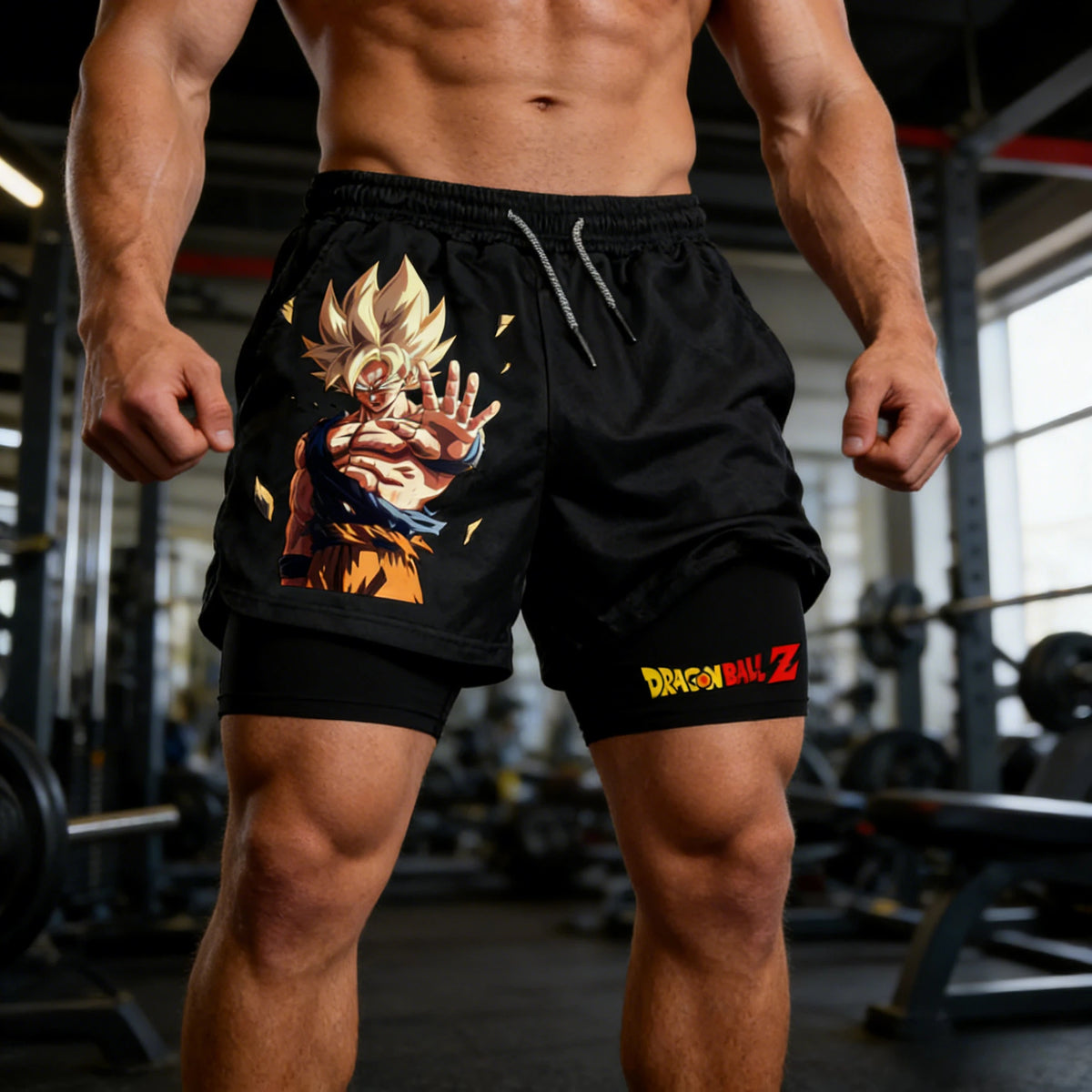 Letní pánské dvouvrstvé šortky 2-in-1 „Dragon Ball Goku Super Saiyan Retro Gym“ v oversized stylu s potiskem – na fitness, trénink i do města
