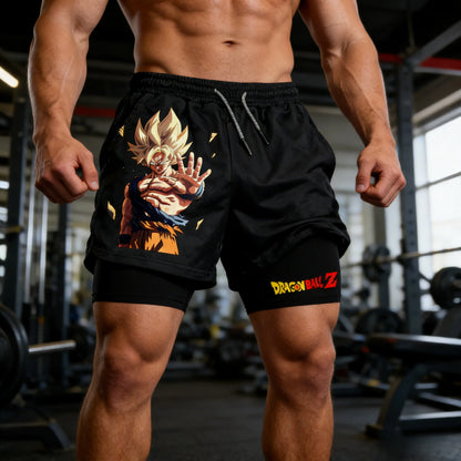 Letní pánské dvouvrstvé šortky 2-in-1 „Dragon Ball Goku Super Saiyan Retro Gym“ v oversized stylu s potiskem – na fitness, trénink i do města